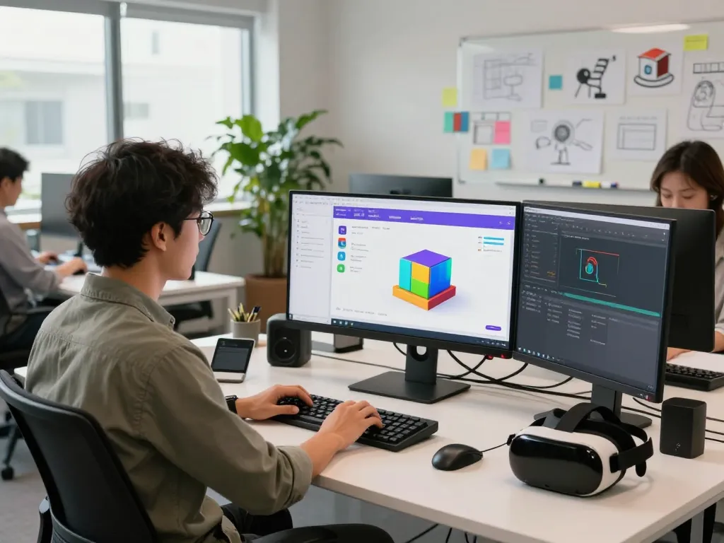 Engaging workspace with a developer using 3D product configurator software on dual monitors in a modern tech environment.
