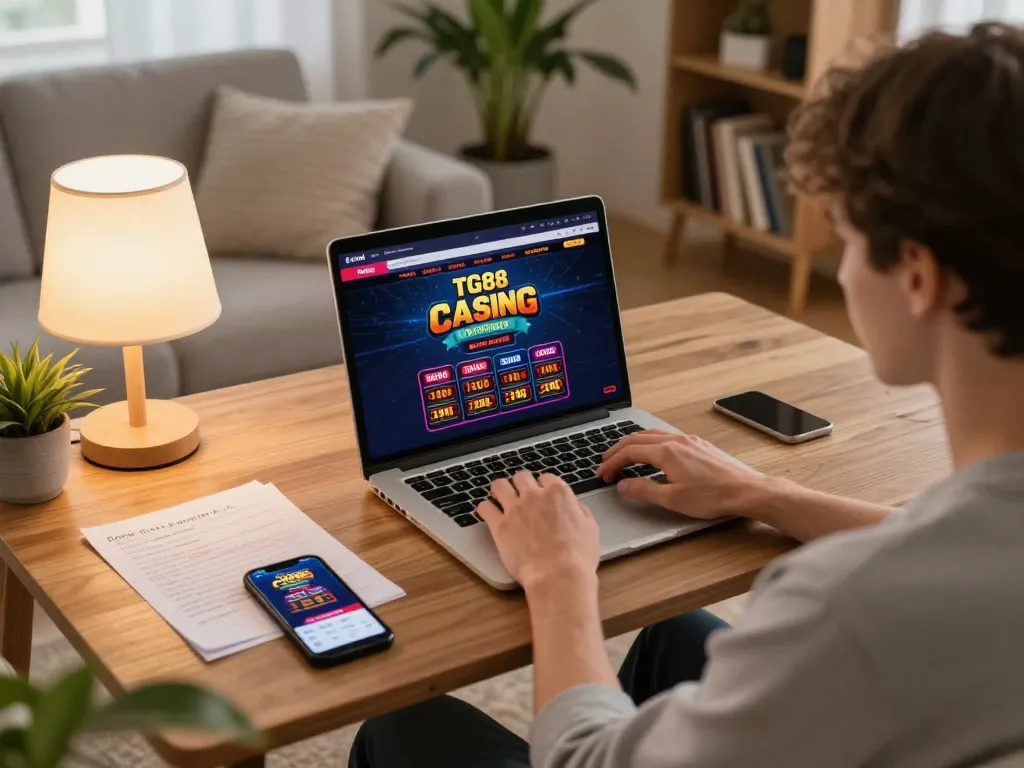 Engaging online gaming session with TG88 interface displayed, showcasing comfortable home atmosphere and strategic gameplay.