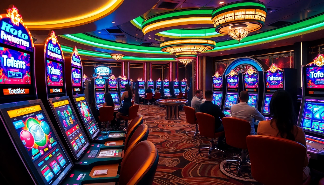 Toto slot gaming scene with players enjoying luxury slot machines in a vibrant casino atmosphere.