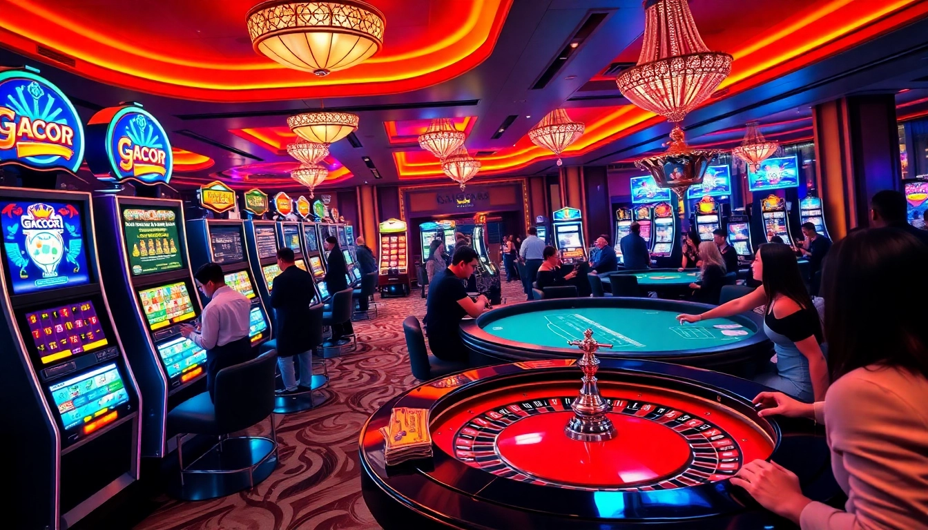 Players engaging in idn slot games at a vibrant casino with neon lights and exciting machines.