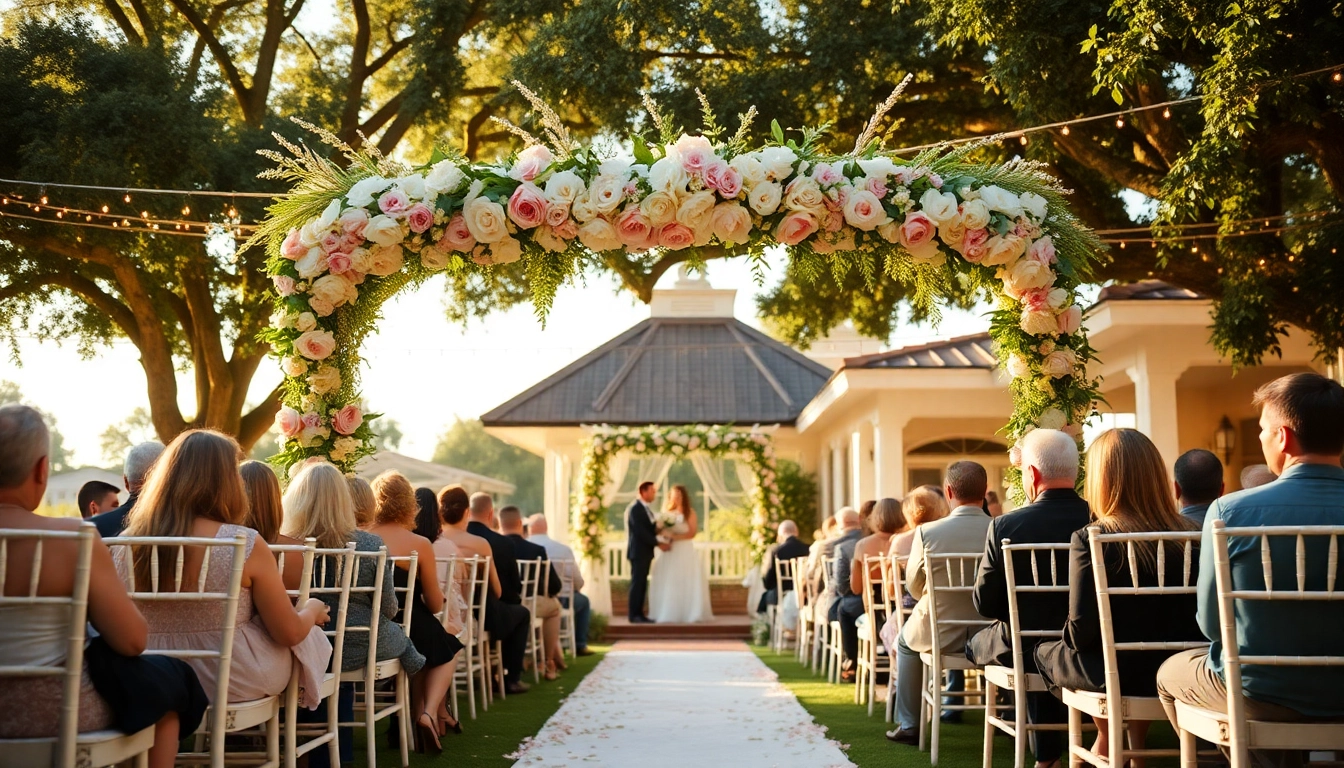 Celebrate love at a picturesque Jacksonville Wedding Venue with a stunning floral arch and natural sunlight.