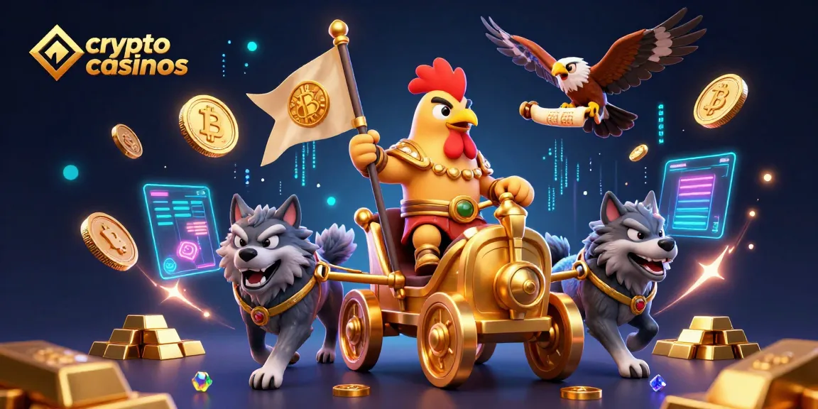 Illustration des crypto casinos avec un héros en chariot doré entouré de richesses scintillantes.