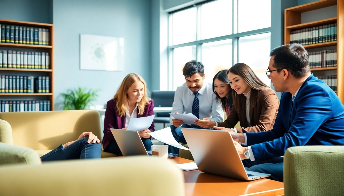 Engaged professionals discuss grants and pre-post award compliance in a bright office.