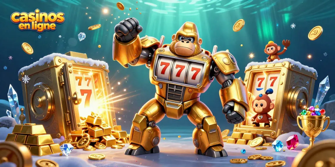 Plongez dans l'univers des casinos en ligne avec ce gorille mech doré en action, entouré de richesses.