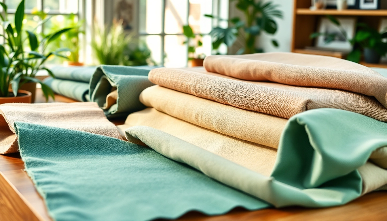Duurzame stoffen assortiment met verschillende stoffen op een houten tafel, gepresenteerd in een natuurlijke omgeving.
