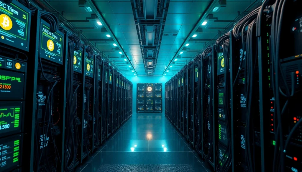 Bitcoin mining facility with advanced ASIC miners and live data displays.