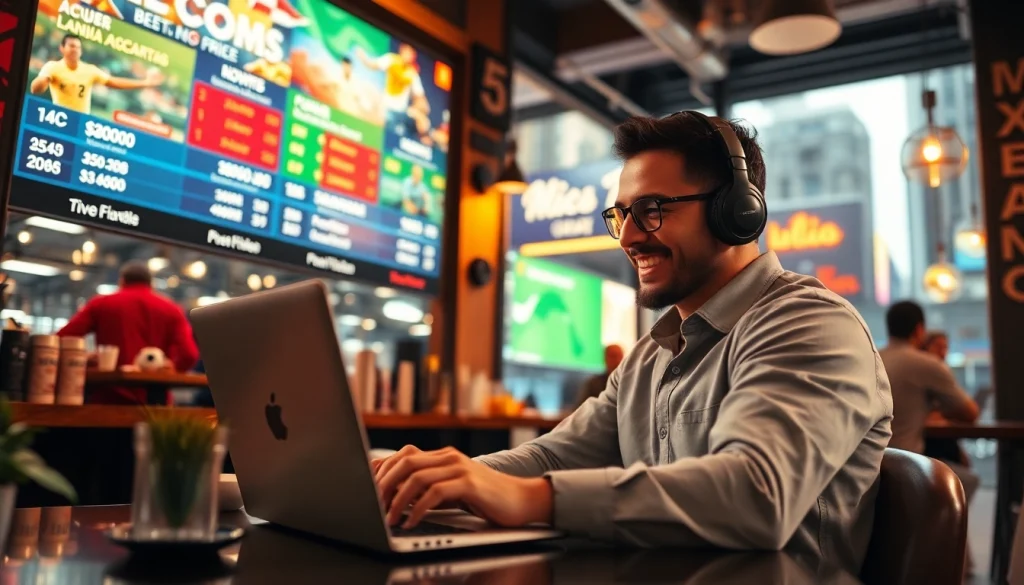 Engaged bettor exploring the best sports betting sites Mexico while enjoying a lively urban atmosphere.