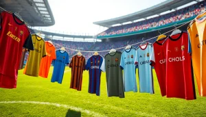 Showcasing diverse team football kits on a soccer field, highlighting vibrant colors and designs.