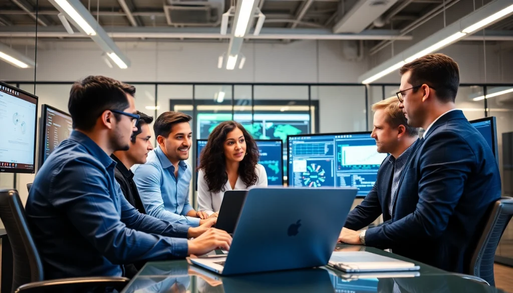 Cyber incident response team discussing strategies and analysis in a modern workspace.