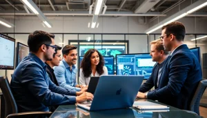Cyber incident response team discussing strategies and analysis in a modern workspace.