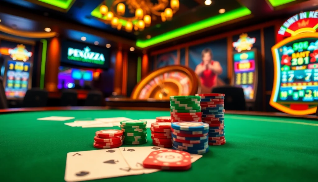 Gambling enthusiasts enjoying an exciting game at xx88.pizzza casino, featuring vibrant poker chips and roulette.