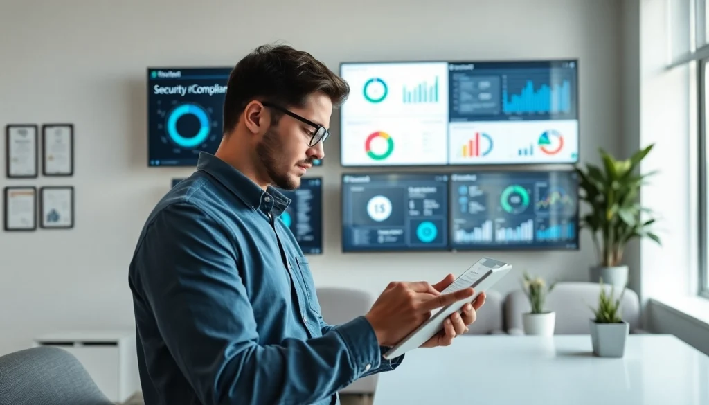 Monitor displaying Microsoft 365 Security & Compliance metrics while an analyst reviews data