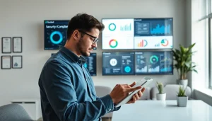 Monitor displaying Microsoft 365 Security & Compliance metrics while an analyst reviews data