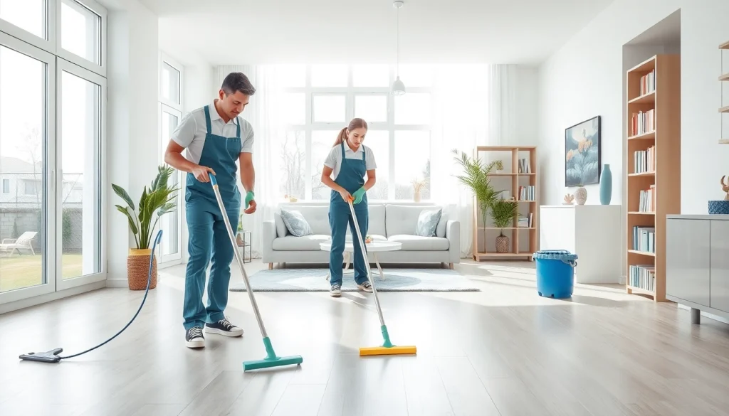 Cleaning service team diligently maintaining a bright and modern home interior.