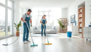 Cleaning service team diligently maintaining a bright and modern home interior.