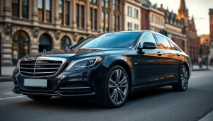 Experience luxury with Chauffeur Services Nottingham in a sophisticated black car amidst city landmarks.