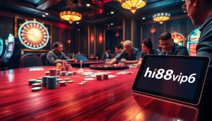 Experience high-stakes gambling with hi88vip6 at an upscale poker table featuring vibrant chips and intense players.
