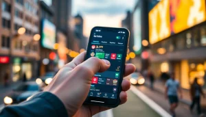 Engaging visual of best sports betting apps India showcased on a smartphone with vibrant urban backdrop.