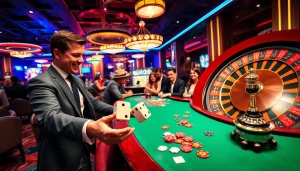 KJC represents an exhilarating moment at a casino as a player rolls dice, capturing the essence of gambling excitement.