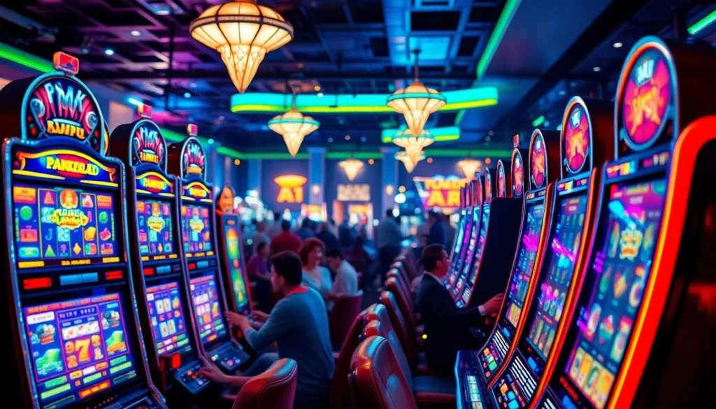 Menangkan permainan pakde4d slot di mesin slot yang ramai dengan cahaya warna-warni.