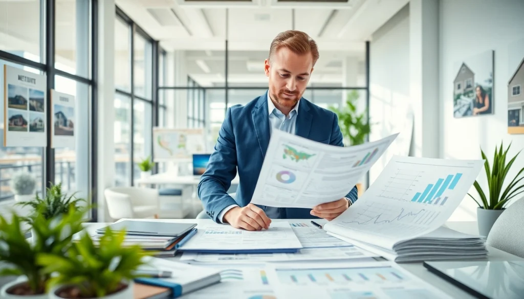 Real Estate agent reviewing listings in a bright office with property charts and designs.