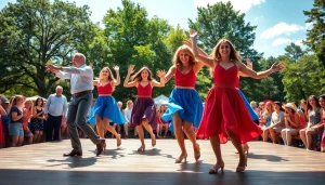 Engaging Carolina Dance performance with dancers showcasing energetic movements in vibrant costumes.