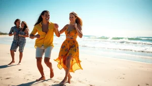 Couples gracefully performing Carolina Dance on a sunny beach, capturing vibrant energy.