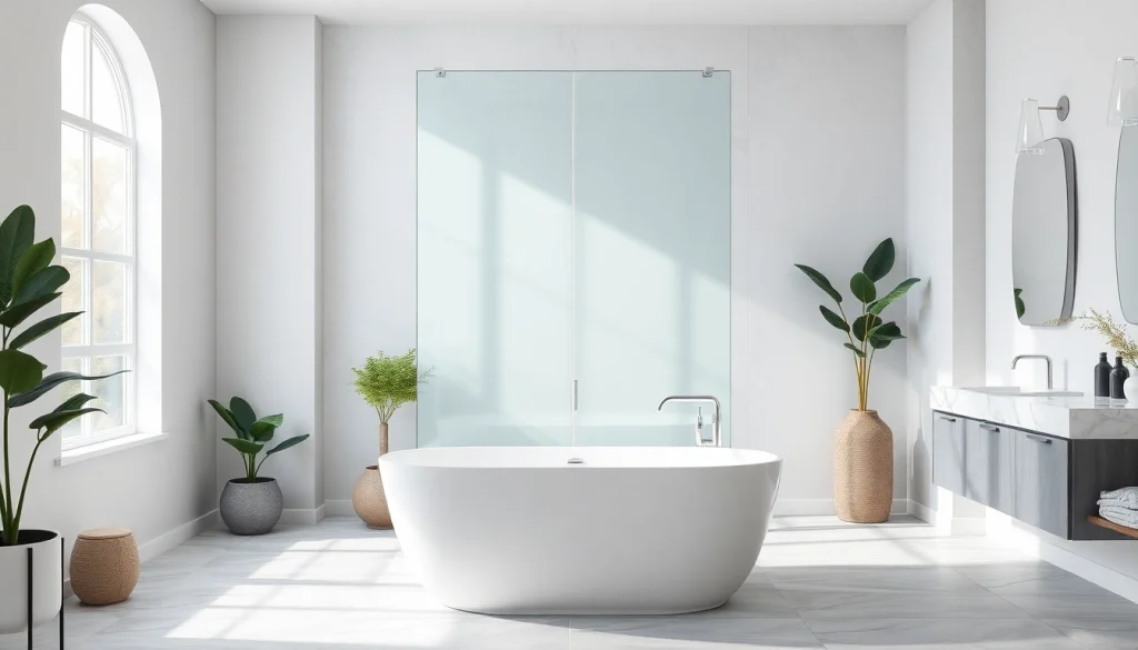 Admirez la paroi de douche moderne en verre qui embellit cette salle de bain élégante.