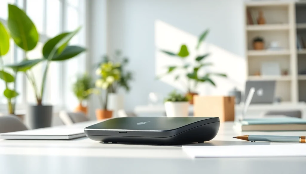 C 168 device highlighted in a modern office setup, showcasing its sleek design and features.