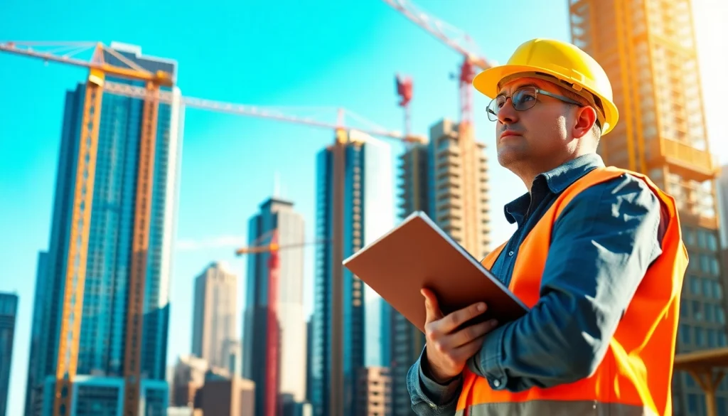 New York Construction Manager overseeing projects amid a vibrant city skyline.