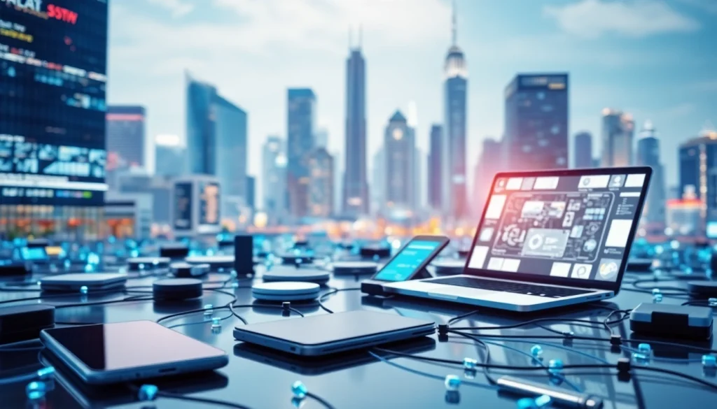 Engaging visual of Technology featuring interconnected digital devices in a vibrant urban landscape.