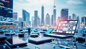 Engaging visual of Technology featuring interconnected digital devices in a vibrant urban landscape.