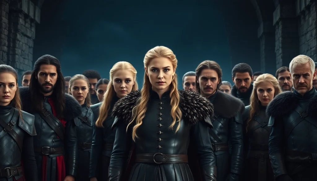 Dynamic portrayal of Game of Thrones cast with key characters in a dramatic fantasy setting.