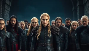 Dynamic portrayal of Game of Thrones cast with key characters in a dramatic fantasy setting.