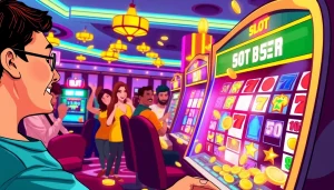 Menampilkan aksi bermain slot bet 50 perak dengan suasana kasino yang ceria dan menyenangkan.