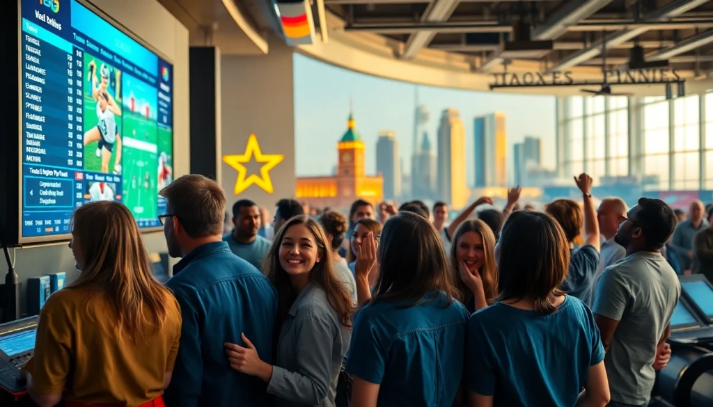 Engaged fans celebrating Texas sports betting at a dynamic venue with highlights and odds display.