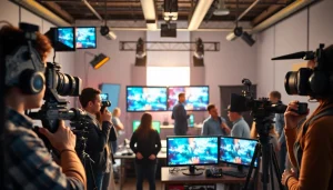 Collaborative team of a Video Production Company Calgary capturing high-quality footage in a modern studio.