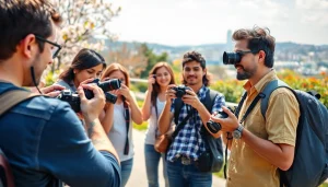 Engaging free photography tutorial outdoors with diverse participants and a professional.