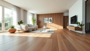 Salon élégant avec un carrelage imitation parquet, alliant élégance et chaleur.