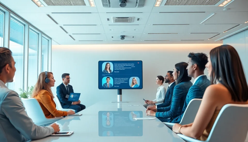 Candidates engaging in AI Interviews with futuristic avatars in a professional setting.