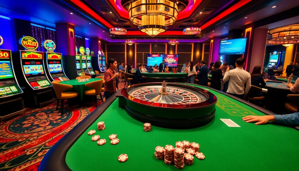 Exciting gambling experience at https://vua99.day/ with vibrant casino tables and players.