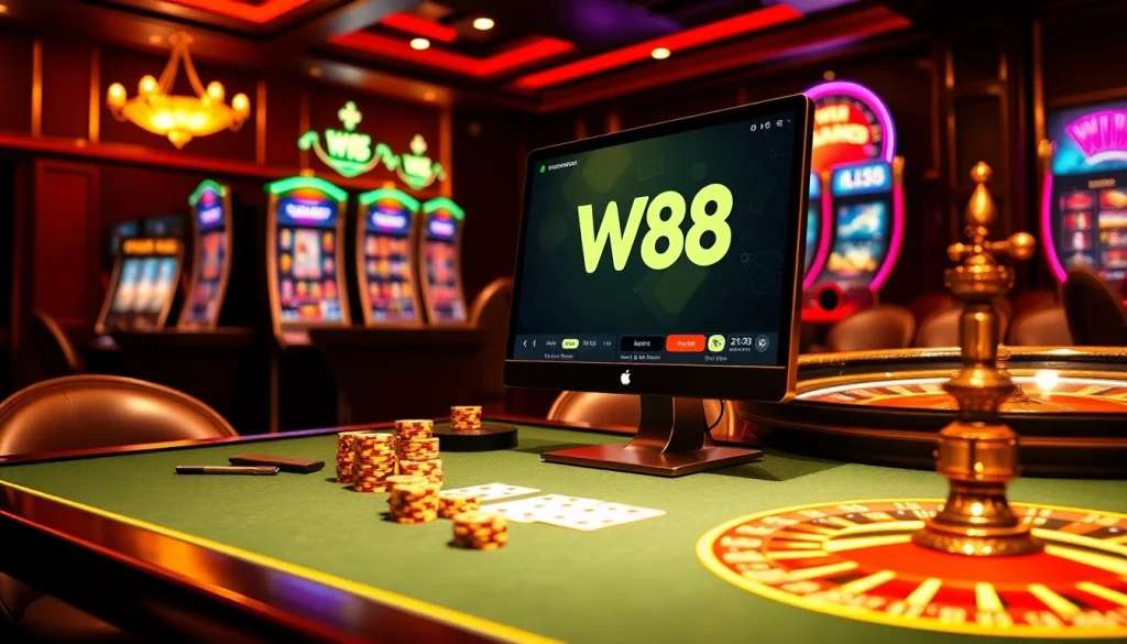 Giao diện cá cược trực tuyến W88 hiển thị các máy đánh bạc sống động và bàn casino cùng chip bài poker.