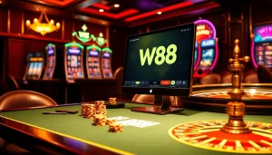 Giao diện cá cược trực tuyến W88 hiển thị các máy đánh bạc sống động và bàn casino cùng chip bài poker.
