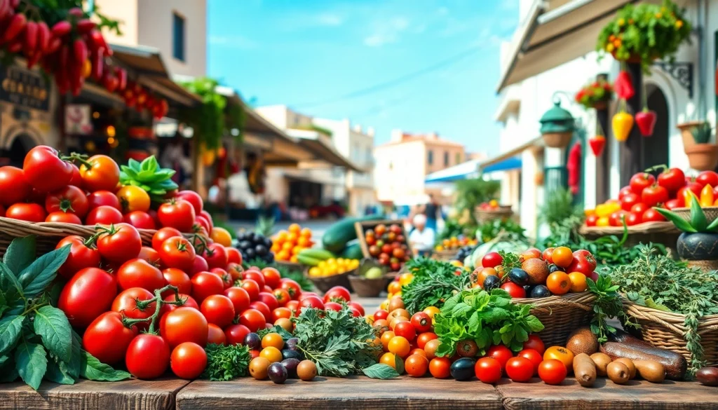Fresh colorful produce showcasing the principles of the Mediterranean diet in a vibrant market scene.