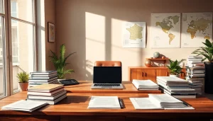 Espace de travail professionnel d'un traducteur assermenté à Marseille, équipé d'un ordinateur portable et de livres multilingues.