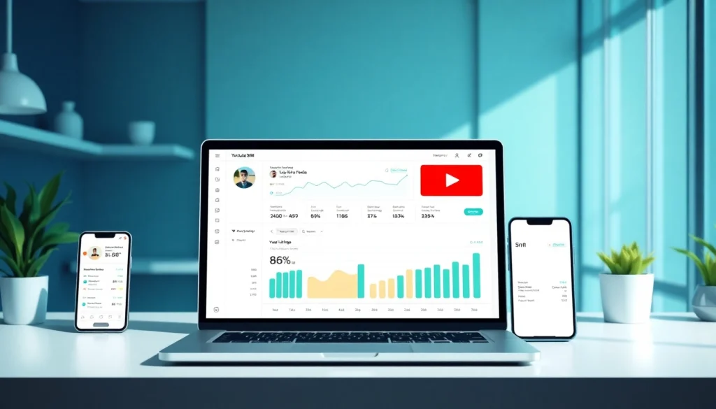 Showcasing a youtube smm panel interface with metrics for social media growth in a digital workspace.