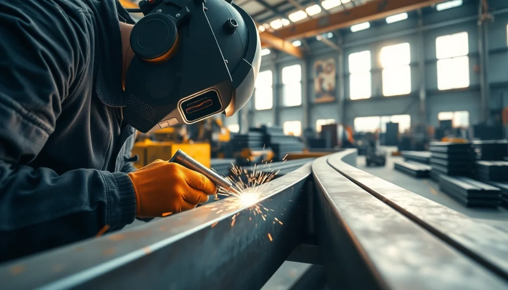 Skilled welder performing structural steel welding, showcasing precision in an industrial workshop.