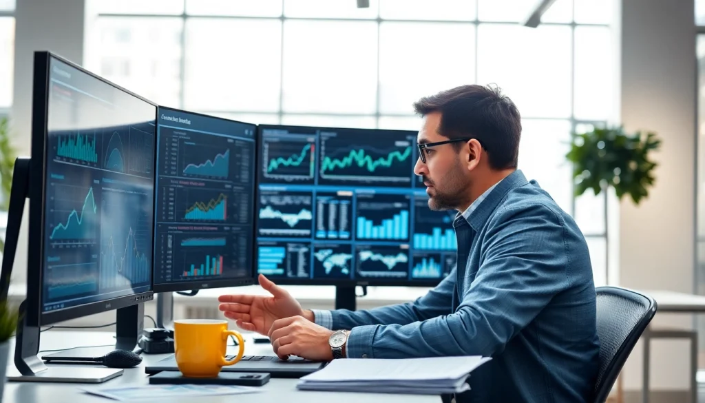 Analyze competitive intelligence data with focused professional in modern office