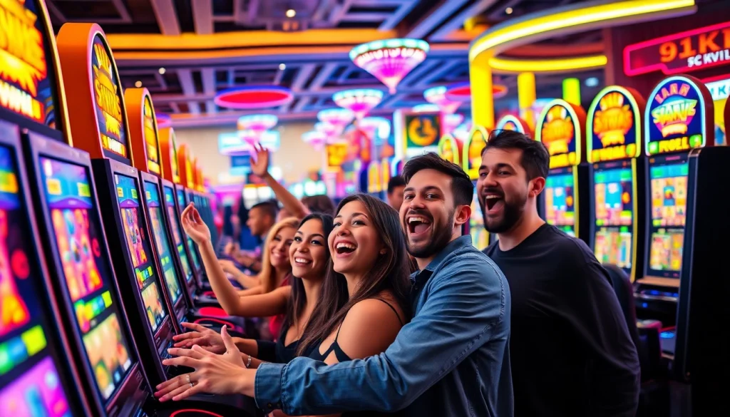 ผู้เล่นที่สนุกกับเกม 918kiss slot ที่คาสิโนด้วยบรรยากาศที่เต็มไปด้วยพลัง