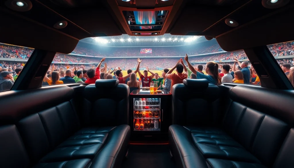 World Cup Group Transportation in a luxury limousine, showcasing plush interiors and excited fans.